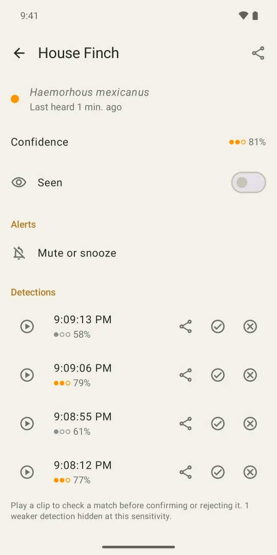 A House Finch's page, with its confidence, a Seen switch, Mute or snooze, and each detection with play, confirm and reject buttons.