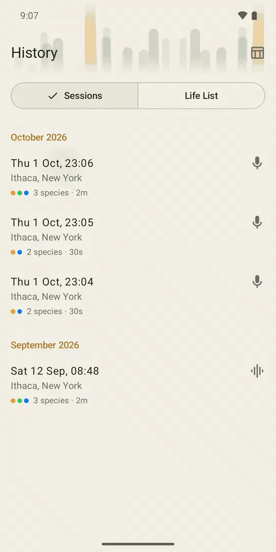The notebook: a saved session's birds with photos and a green eye for those seen, then the Life List with its counts, listening time and badge progress.
