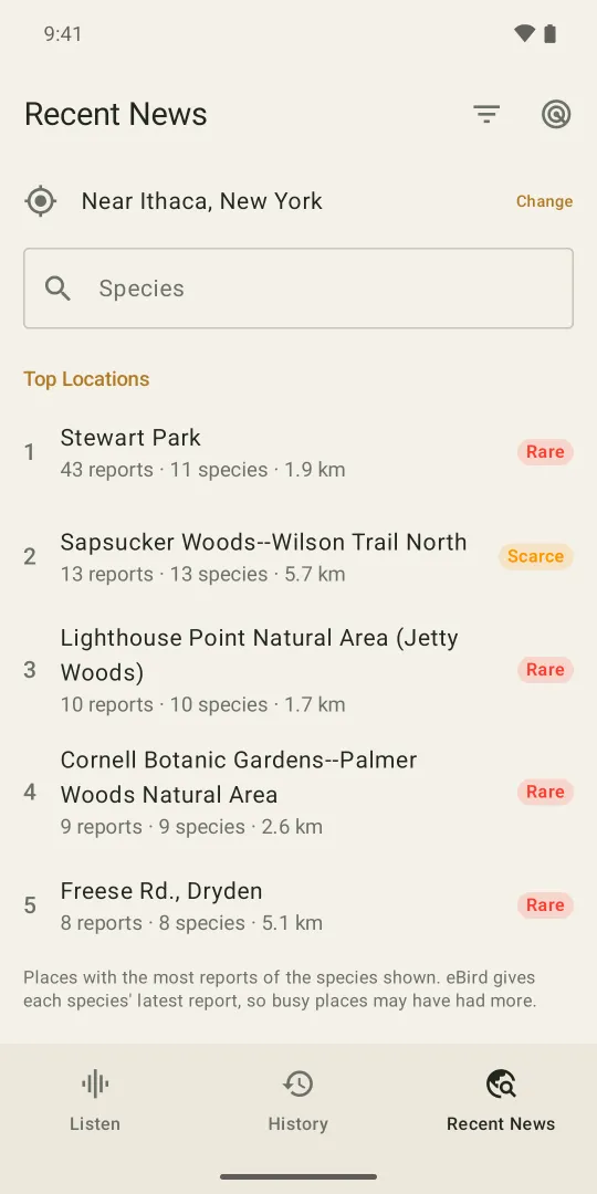 Recent News near Ithaca, New York, listing the top five locations with how many reports and species each has, marked Rare or Scarce.